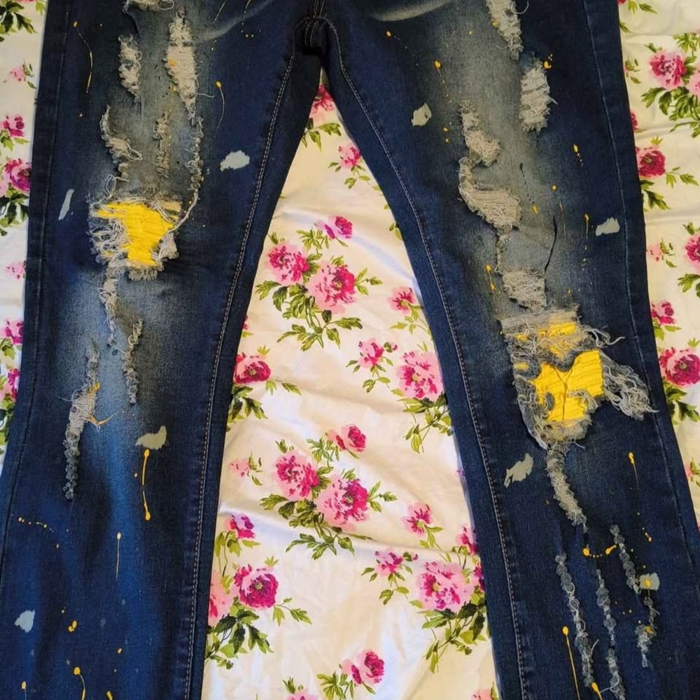 M Society Distressed Blue Jeans with Yellow Patch Detail